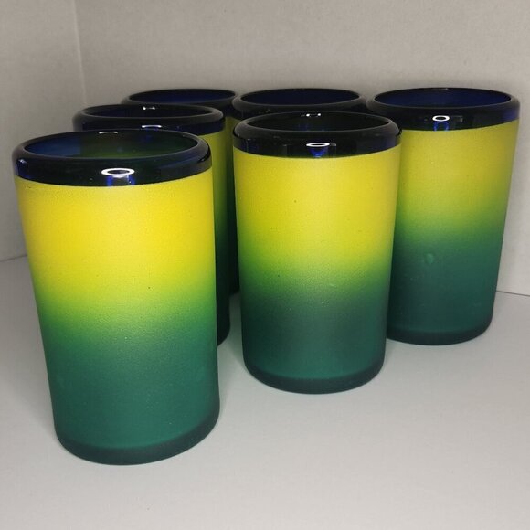 SET 6 HAND BLOWN MEXICAN GLASS TUMBLERS FROSTED YELLOW GREEN BLUE RIM - Picture 4 of 9